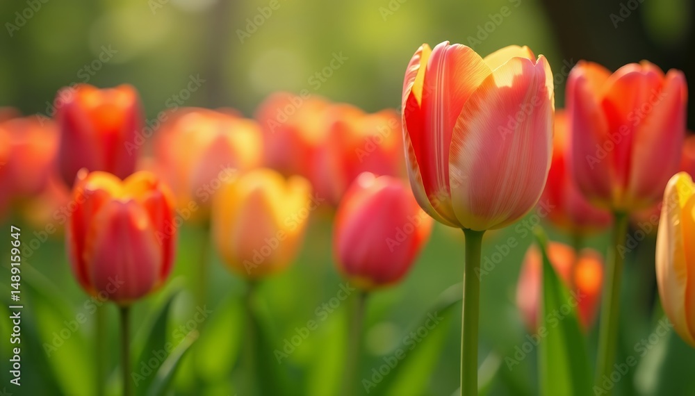 Obraz premium Fresh green tulip buds with vibrant colorful flowers in lush spring setting, green, vibrant, spring