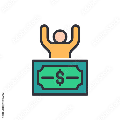 Celebrating Financial Success With Raised Arms Over A Currency Note