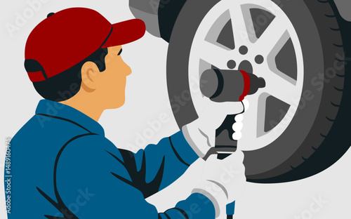 mechanic repairs wheel illustration pastel color design vector art	