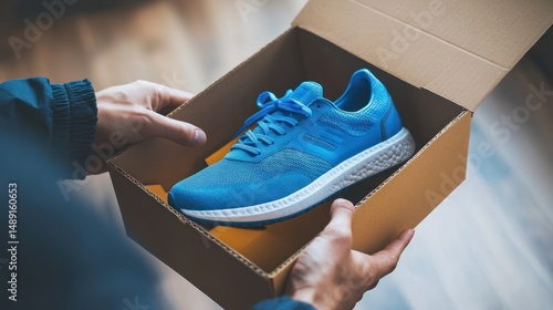 Unboxing freshness: Vibrant athletic shoe revealing in a brown cardboard box