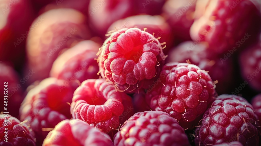 Close-up of a pile of vibrant, juicy raspberries, showcasing their texture Close-up of a pile of vibrant, juicy raspberries, showcasing their texture