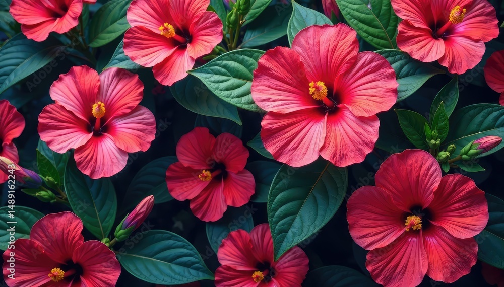 Bold, vibrant hibiscus blooms in tropical hues, dense repeat , floral design, colorful, bright Bold, vibrant hibiscus blooms in tropical hues, dense repeat , floral design, colorful, bright