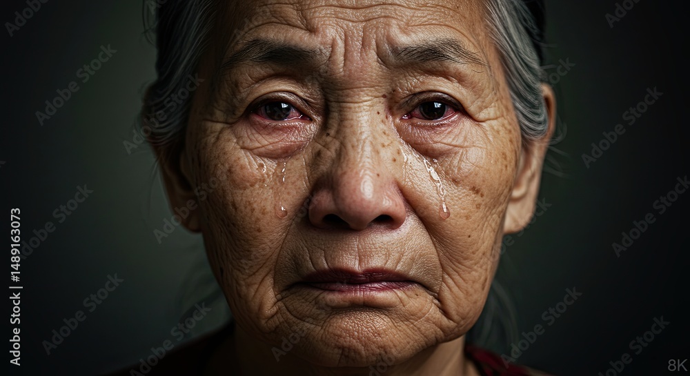 Portrait of a senior Asian woman with tears reflecting deep emotion Portrait of a senior Asian woman with tears reflecting deep emotion