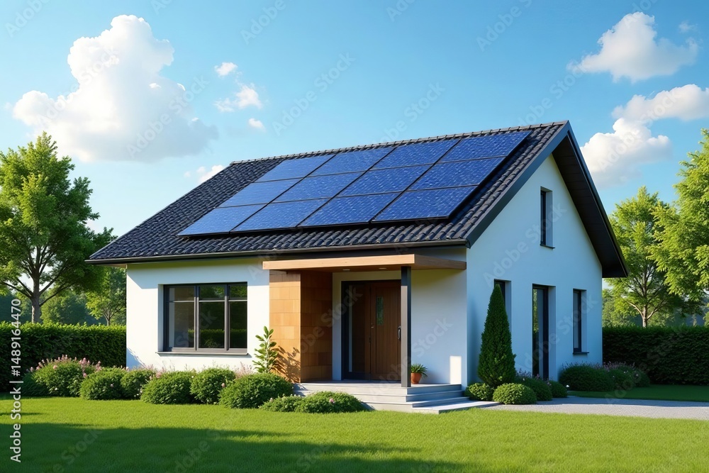 Modern house with solar panels on the roof under clear sky, environment, eco-friendly, sustainable Modern house with solar panels on the roof under clear sky, environment, eco-friendly, sustainable