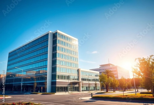 Modern office building, sunny day, San Ramon, California skyline, bright,  office park