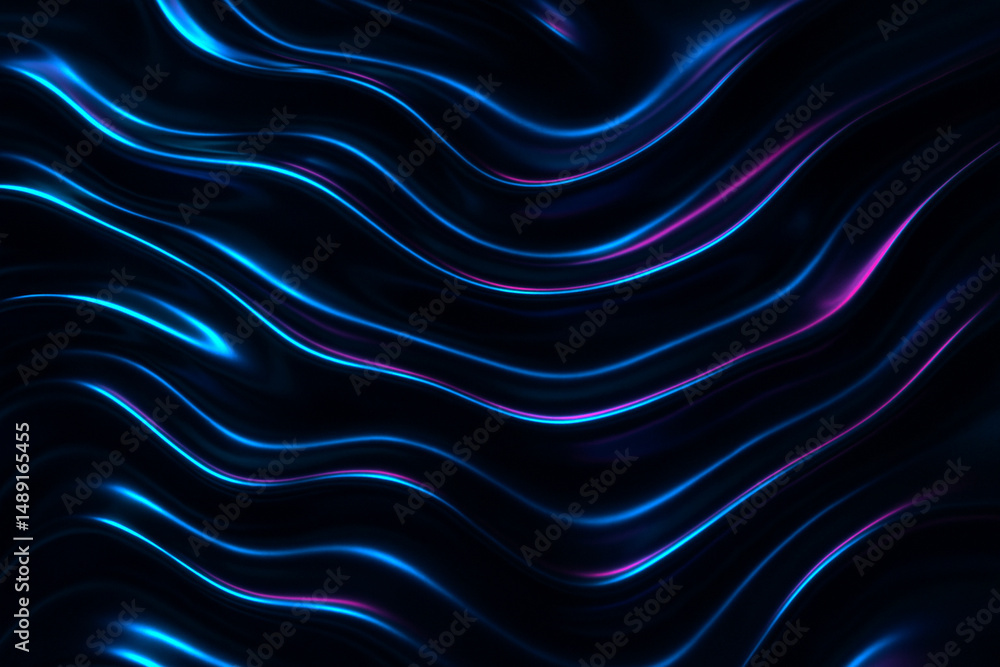 Obraz premium Abstract glossy fluid waves in deep navy and black, shimmering with neon blue, purple, and pink reflections, liquid silk effect, futuristic and digital aesthetic