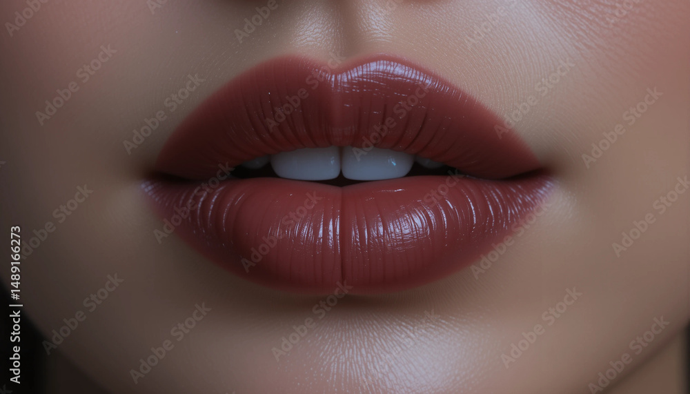 Fototapeta premium Sensual Whisper: A close-up shot of full, plump lips, painted in a rich, luxurious shade, offering a glimpse of captivating beauty and allure.