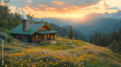 Mountain Cabin with Wildflower Green Roof Overlooking Pine Valley at Sunset
