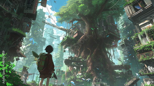 Post-Apocalyptic Eco City with Anime Protagonist in Overgrown Ruins