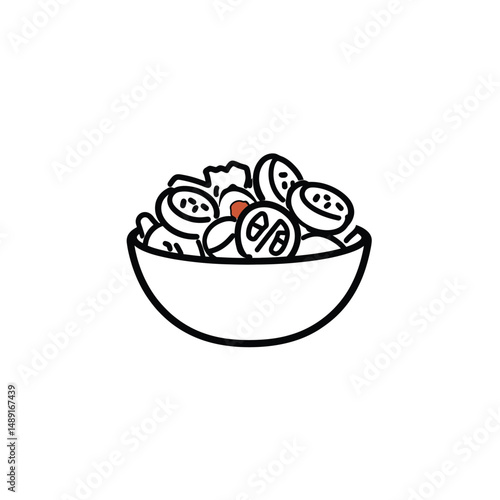Minimalist doodle shows healthy vegetables salad bowl with fresh tomatoes and cucumbers in vector
