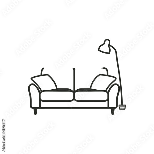 Minimalist drawing shows a modern couch and a floor lamp on transparent background