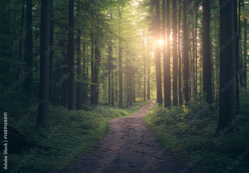 Obraz premium Serene Forest Pathway Surrounded by Lush Green Trees and Sunlight