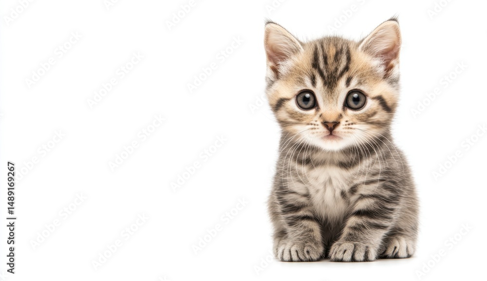 Fototapeta premium Adorable Tabby Kitten with Striking Eyes on White Background