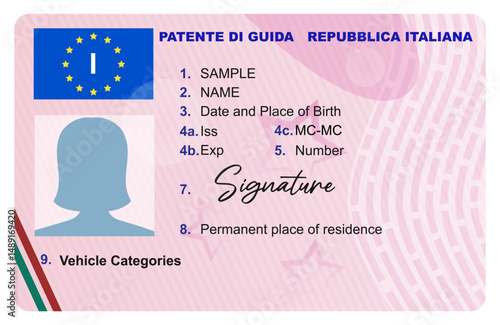 Driving license in Italy with female silhouette isolated on white background. Person driver license