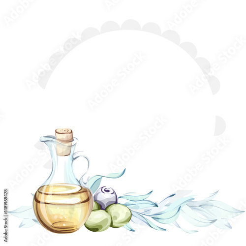 Exploring the beauty of olives and olive oil in a watercolor illustration highlighting Italian culinary delights frame, border, arrangement