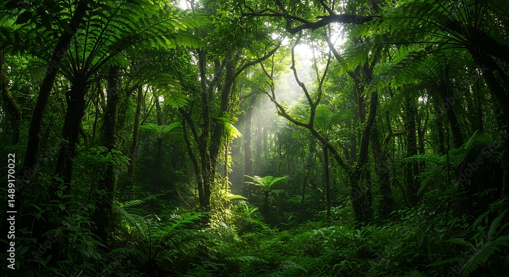 Obraz premium Sunlight Beams Through Dense Tropical Jungle