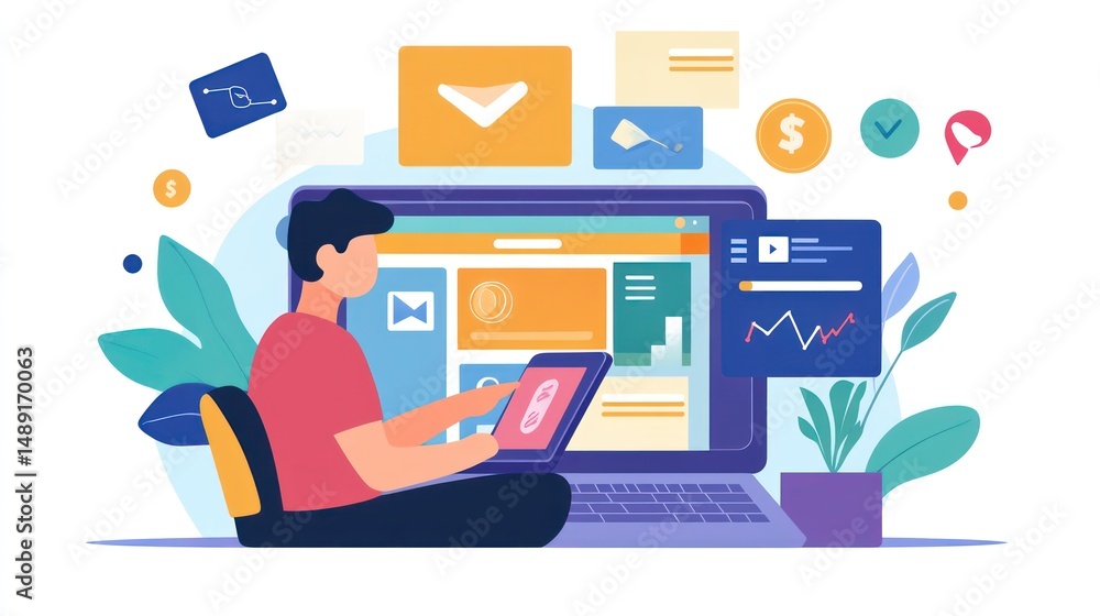 Fototapeta premium Content creator designs digital ads using graphic tools on a laptop for an online business.