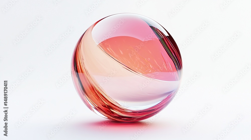 Swirling crimson and peach glass orb on white backdrop, reflecting light Swirling crimson and peach glass orb on white backdrop, reflecting light