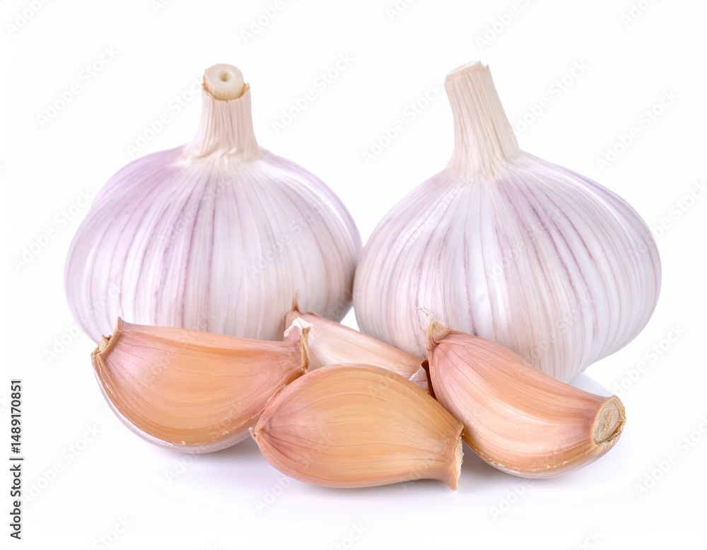 Obraz premium Fresh Garlic Cloves: A close-up studio shot highlights the intricate details of fresh garlic bulbs and cloves, perfect for culinary and health-related applications.