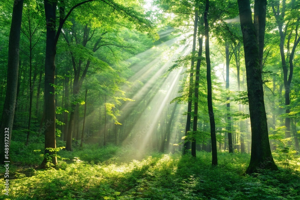 Fototapeta premium Sunbeams Illuminate Lush Green Forest Nature Photography