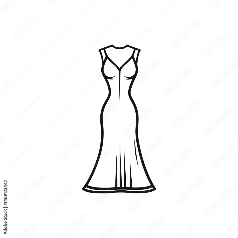 Minimalist line art depicts a sleeveless evening dress with a floorlength skirt on white Minimalist line art depicts a sleeveless evening dress with a floorlength skirt on white