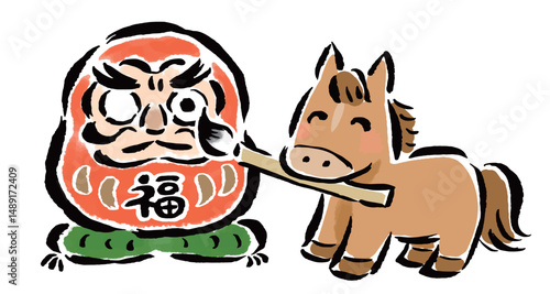 お正月にだるまに目を書き入れて願掛けする干支の馬（午）