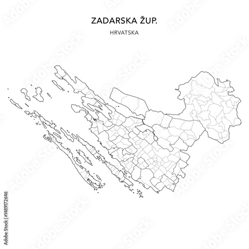 Vector Map of Zadar County (Zadarska Županija) with Settlements (Naselja), and Cities, Towns (Gradovi), and Municipalities (Općine) - Croatia 2025