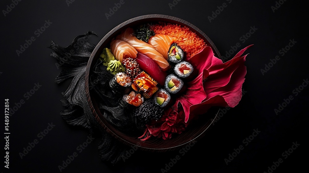 Fototapeta premium Artistic sushi bowl with salmon, tuna, roe, & maki on a dark background