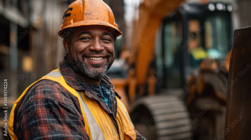 Smiling construction worker in safety gear with heavy machinery in the background Smiling construction worker in safety gear with heavy machinery in the background