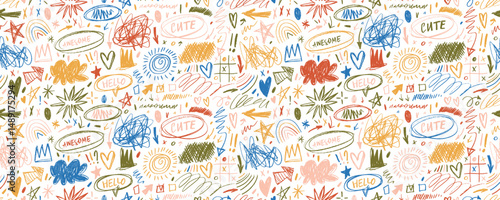 Colorful childish crayon drawn doodle seamless banner design. Creative cute abstract squiggles, scribbles and kid's doodles.