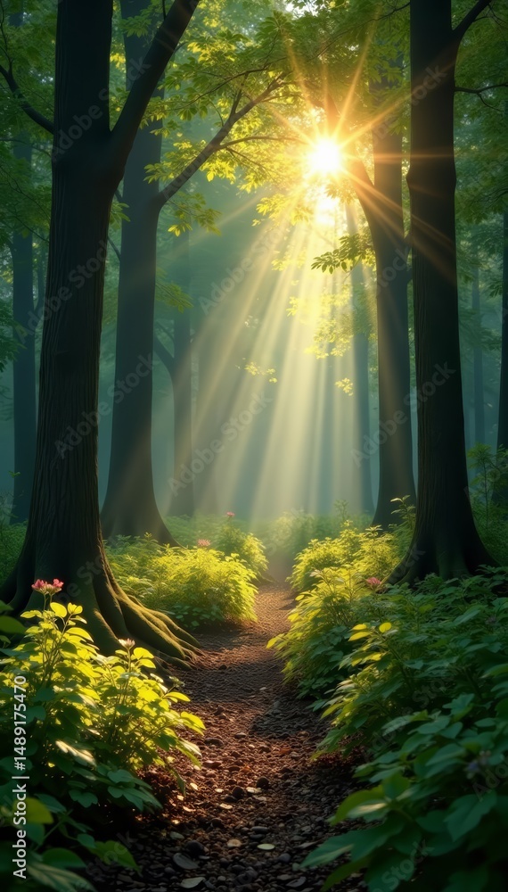 Naklejka premium Peaceful woodland with sun rays filtering through the trees, vector illustration, serene, tranquil