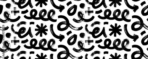 Bold brush drawn geometric shapes and squiggle lines seamless pattern. Doodle grunge background.