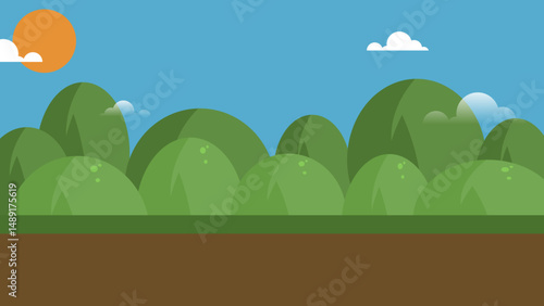 Cartoon Nature Landscape with Green Hills and Blue Sky in Flat Style
