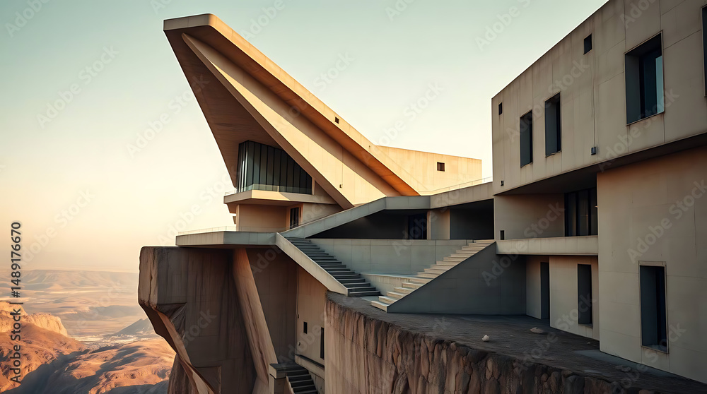 Fototapeta premium avant-garde brutalist fashion school, early 1980s architecture, perched on cliff edge, created by generative ai