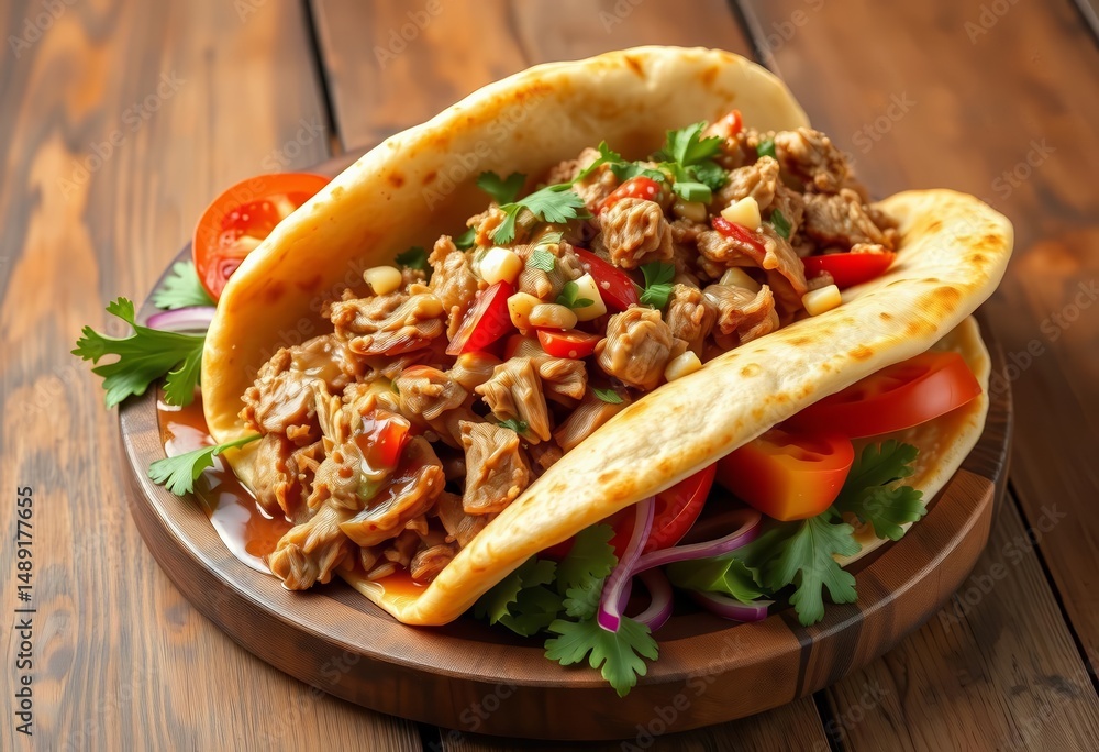 Pulled pork gyro overflowing on flatbread with vegetables and sauce on wood, culinary, gyro Pulled pork gyro overflowing on flatbread with vegetables and sauce on wood, culinary, gyro