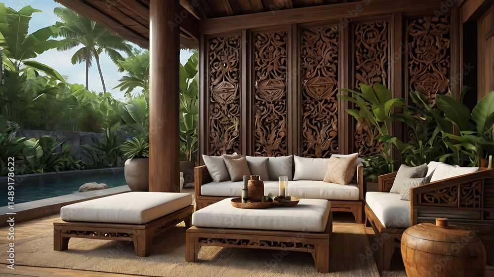 Fototapeta premium Balinese-inspired tropical terrace, carved wood details, 3D realistic render