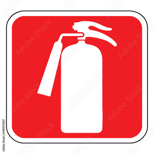Emergency fire extinguisher sign , white firefighting equipment icon on a red square background , vector illustration