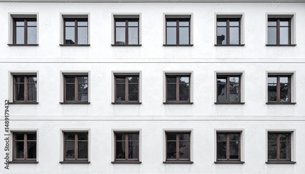 Fototapeta premium 古い白塗り住宅のファサードと規則的な窓のリズム