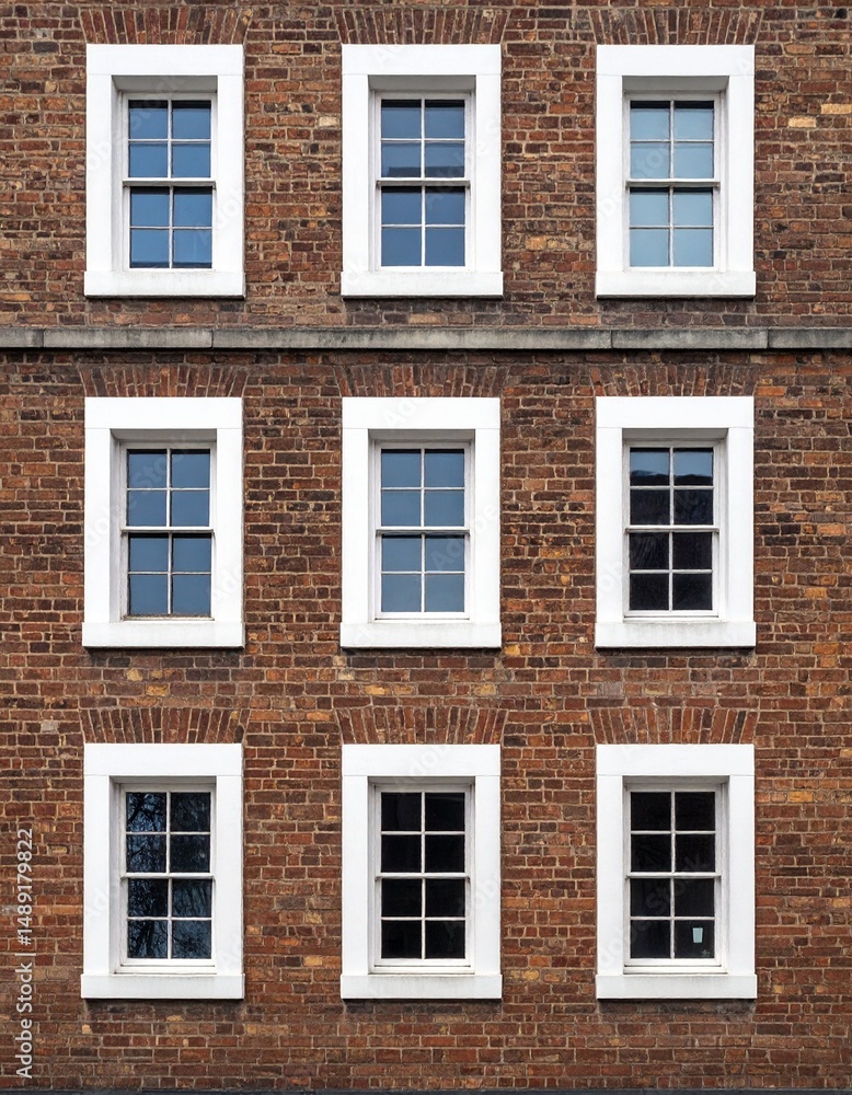Fototapeta premium 古レンガ壁のテクスチャと白枠の正方形窓が織りなす美しい規則性のディテール。