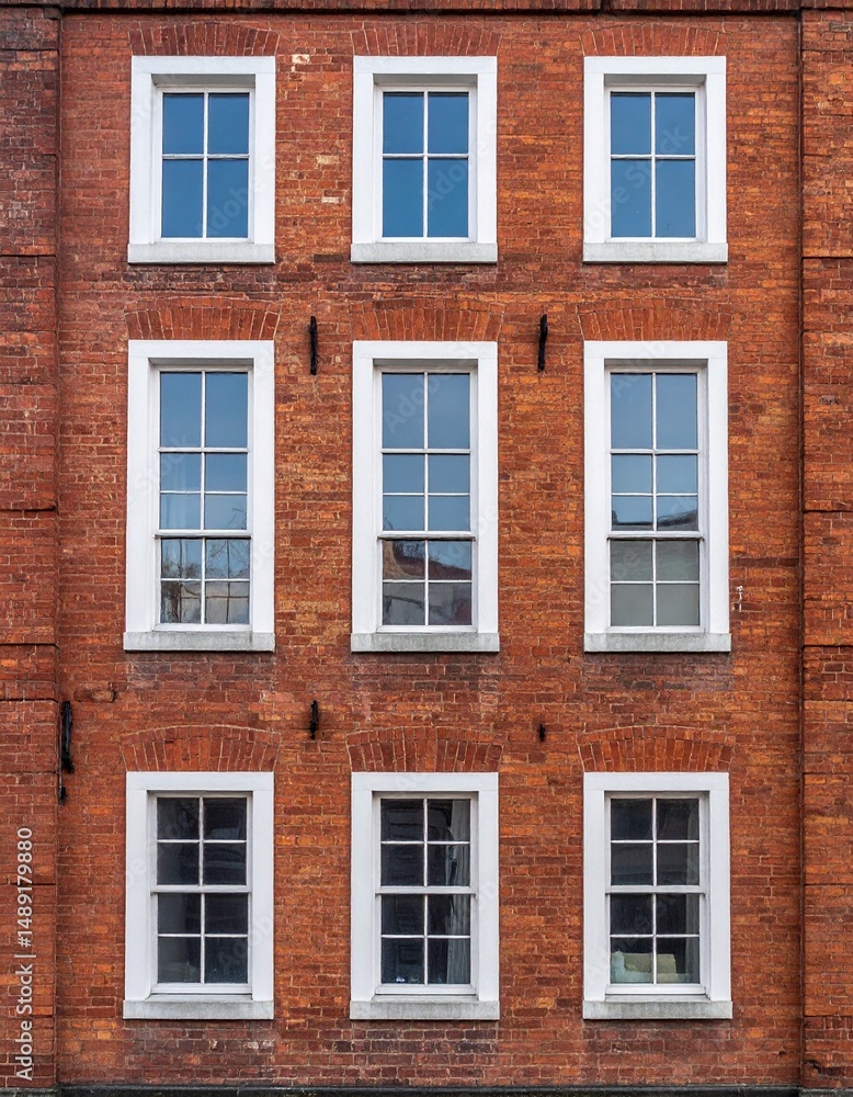 Obraz premium 古レンガ壁のテクスチャと白枠の正方形窓が織りなす美しい規則性のディテール。