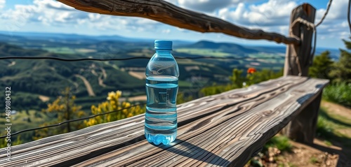 Reusable water bottle rests on weathered wooden bench overlooking scenic vista,  photography, river