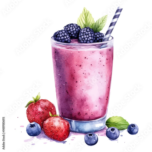 Smoothie With Mixed Berries And Yogurt, watercolor painting vector, high quality, isolated on a white background.