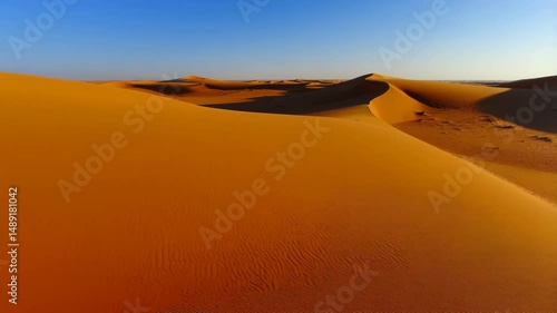Panoramic scenery featuring vast desert landscape with rolling golden sand dunes, textured sand and clear blue sky on a bright sunny day