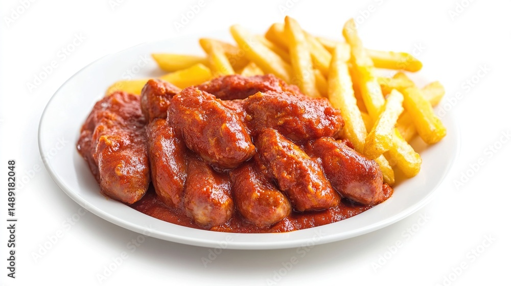 Currywurst with fries on a plate against a white background Currywurst with fries on a plate against a white background