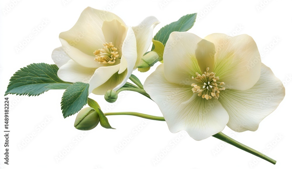 Obraz premium Delicate White Flowers with Green Leaves on Light Background