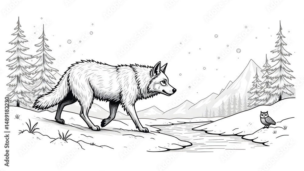 Obraz premium Arctic wolf outline, winter forest scene, majestic animal drawing, kids coloring page, snowy wildlife art.