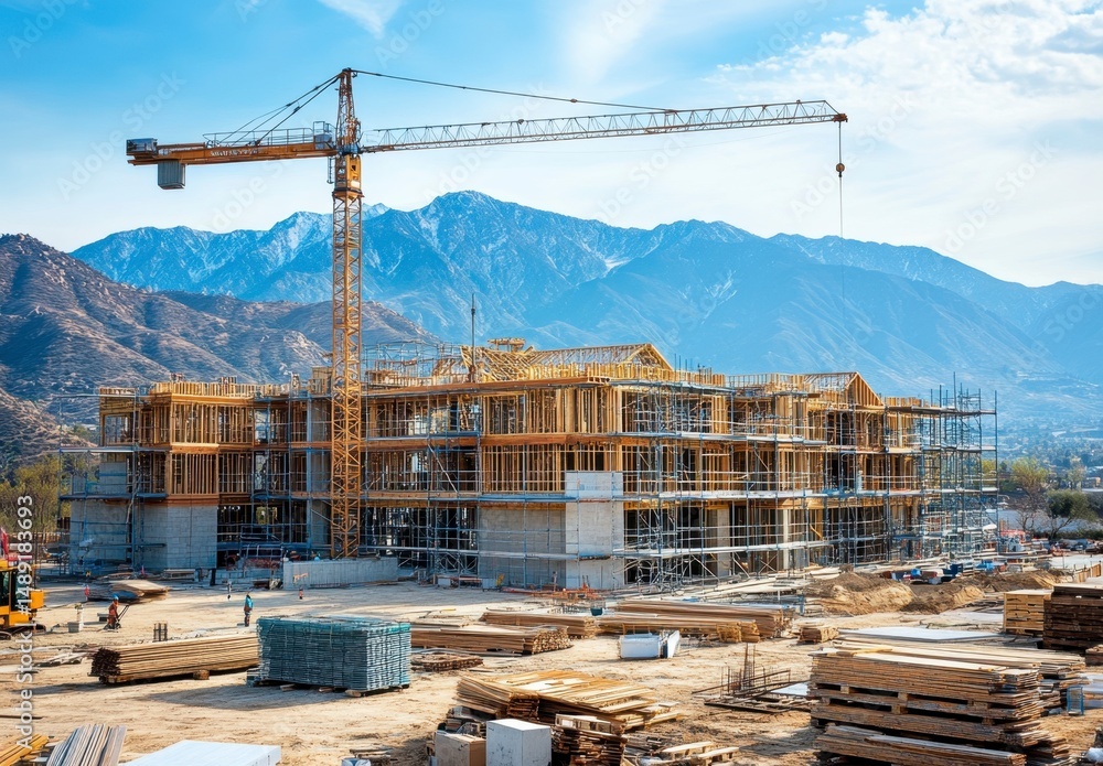 Construction Site with Crane and Mountains Under Blue Sky Construction Site with Crane and Mountains Under Blue Sky