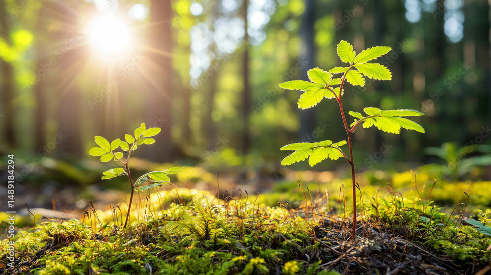 Obraz premium Sunrise illuminates delicate new growth in forest, mossy ground