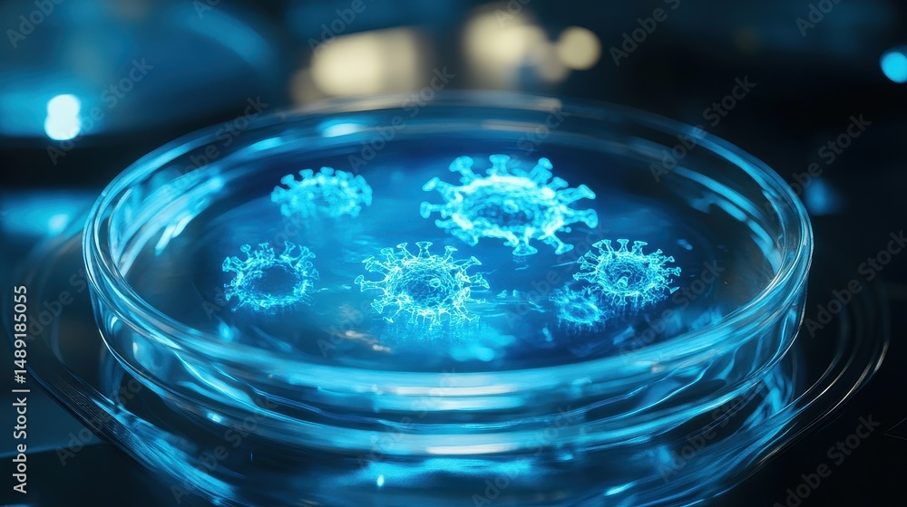 Futuristic petri dish showing evolving virus forms in holographic display, covid, advanced medical research. Futuristic petri dish showing evolving virus forms in holographic display, covid, advanced medical research.
