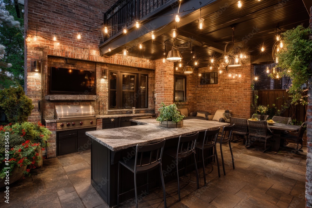 Fototapeta premium Outdoor kitchen patio area with string lights
